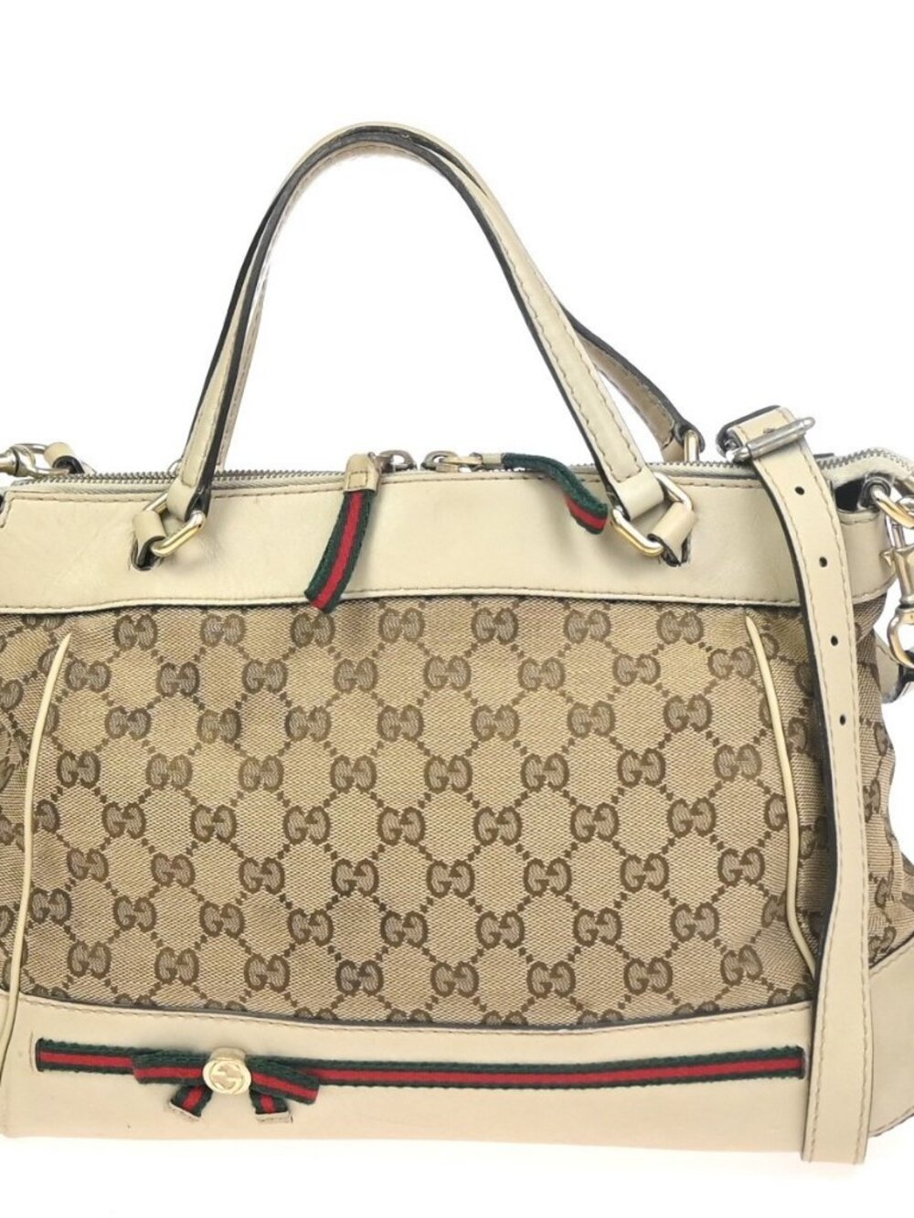 GUCCI GG Sherry Ribbon 2Way Shoulder Hand Bag Canvas Leather Ivory Italy 38KC760